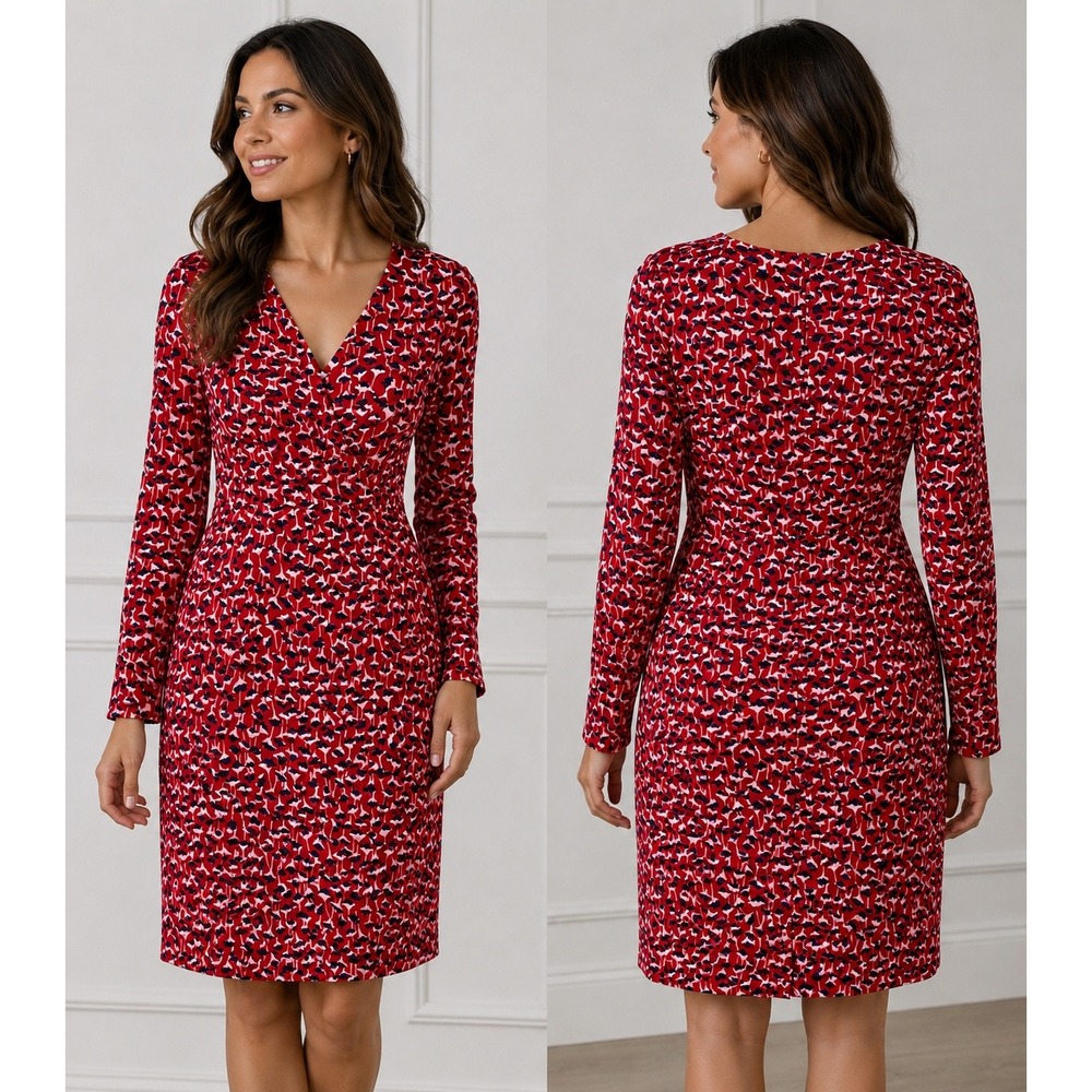 Boden Sheath Dress Womens 8P Red Pink Floral Tulip V-Neck Long Sleeve Petite NEW